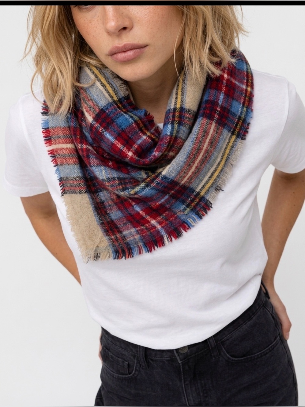 Plaid Triangle Wool-Blend Scarf - Red Multi
